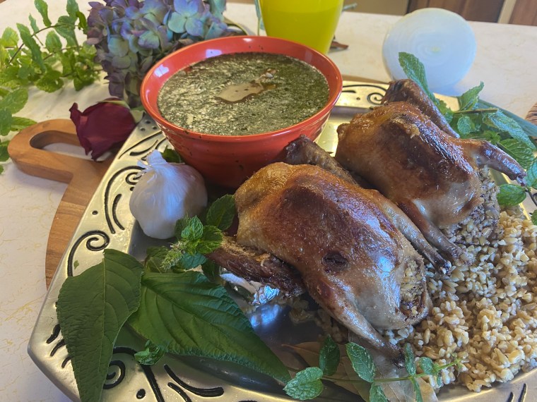 Egyptian Hamam Mahshi (stuffed squab) and Molokhia (green soup)