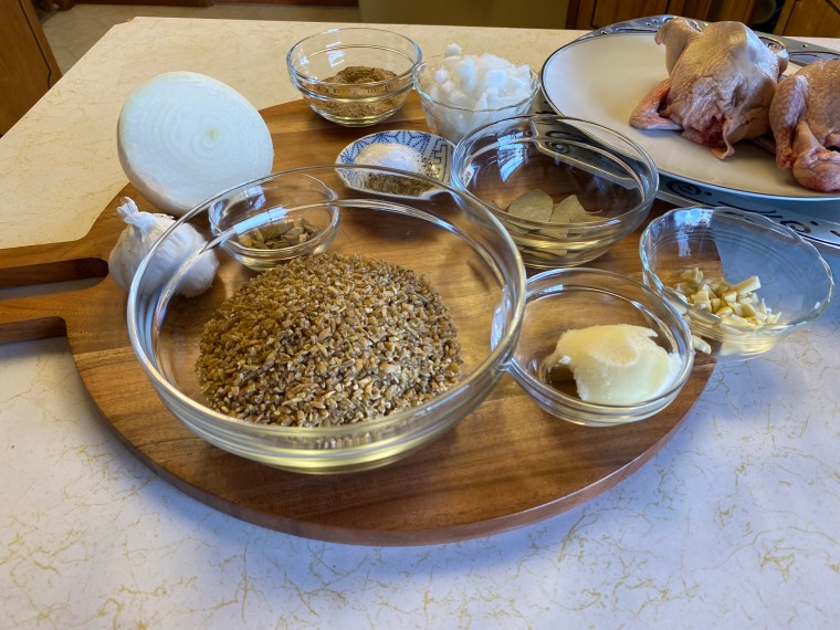 photo of ingredients  Egyptian Hama Mahshi (Stuffed Squab) with Molokia Soup (Green Soup) at Alpha T Mediteranean at the International Markets on 44th in Lynnwood Washington. 